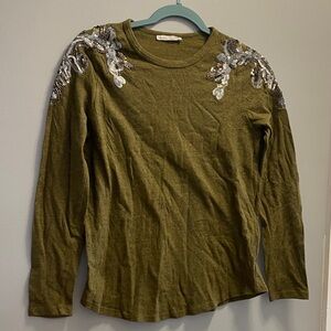 Zara Olive Long Sleeve Top with Sequin Details